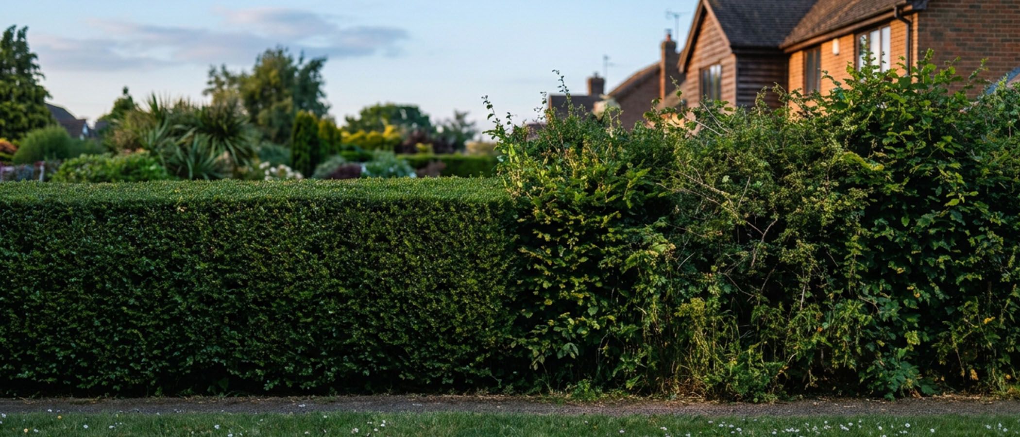 Hecke, links frisch geschnitten, rechts noch verwildert, vor Wohnhäusern