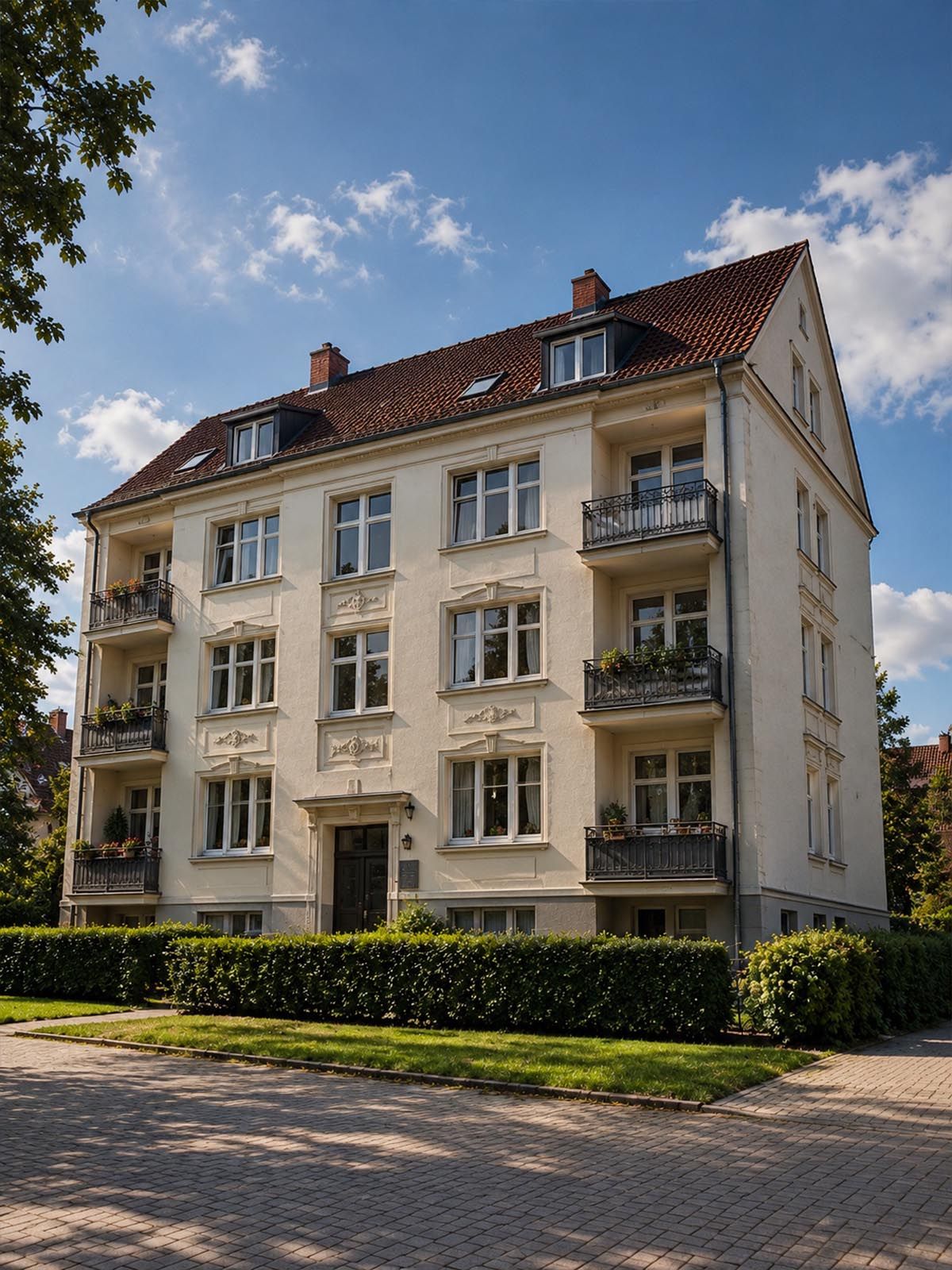 Gepflegtes Mehrfamilienhaus mit Vorgarten unter blauem Himmel an einem sonnigen Tag