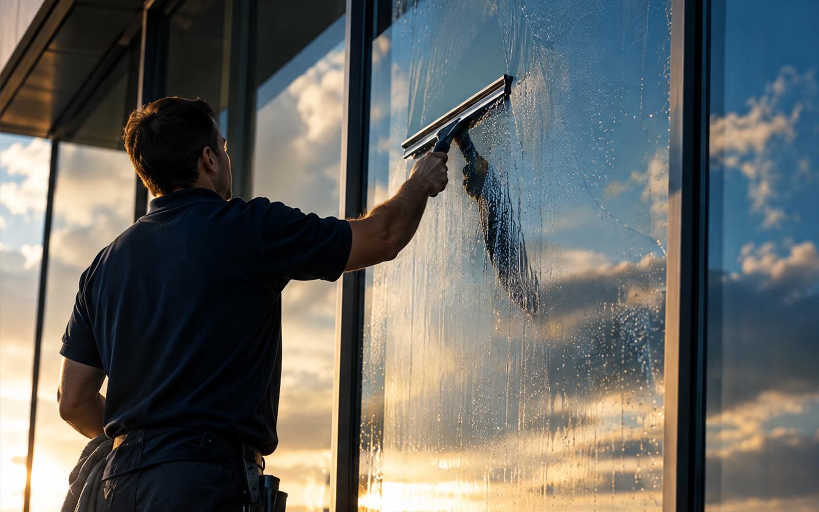 Glasreiniger zieht eine große Fensterscheibe mit dem Abzieher ab