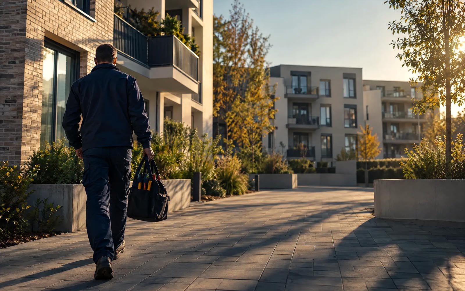 Hausmeister mit Werkzeugtasche auf dem Weg durch eine gepflegte Wohnanlage