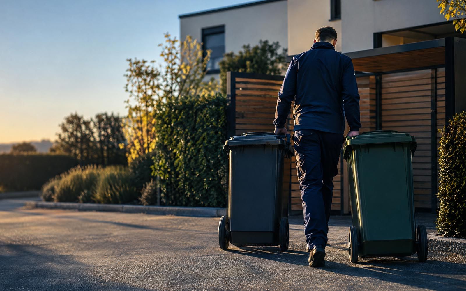 Mitarbeiter zieht zwei Mülltonnen zur Bereitstellung an die Straße