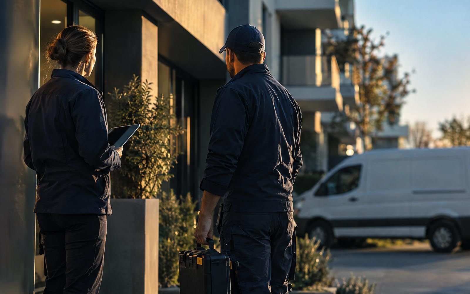 Zwei Personen mit Tablet und Werkzeugkoffer vor dem Eingang eines Mehrfamilienhauses