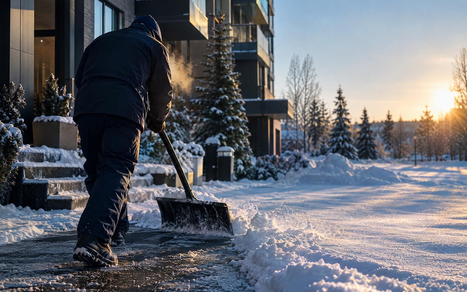 Mitarbeiter räumt am Wintermorgen Schnee vom Weg vor einem Mehrfamilienhaus