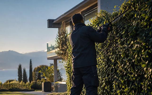 Mitarbeiter schneidet mit der Heckenschere eine hohe Hecke an einem Wohnhaus