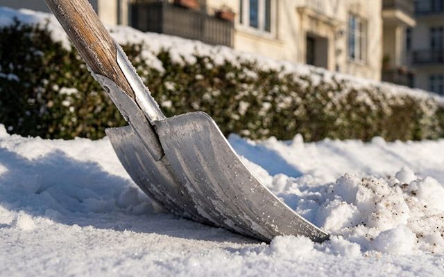 Schneeschaufel im frischen Schnee vor einer Hecke und einem Wohnhaus