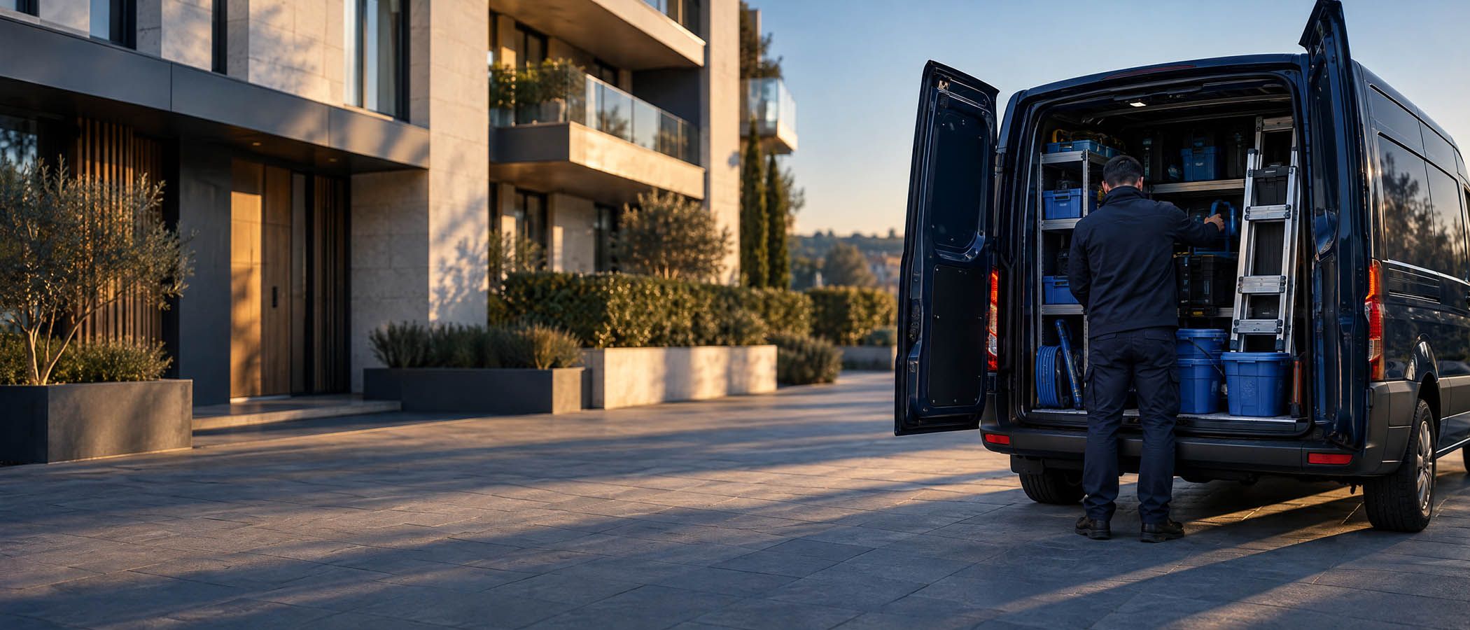 Transporter mit Arbeitsmaterial vor einem modernen Mehrfamilienhaus
