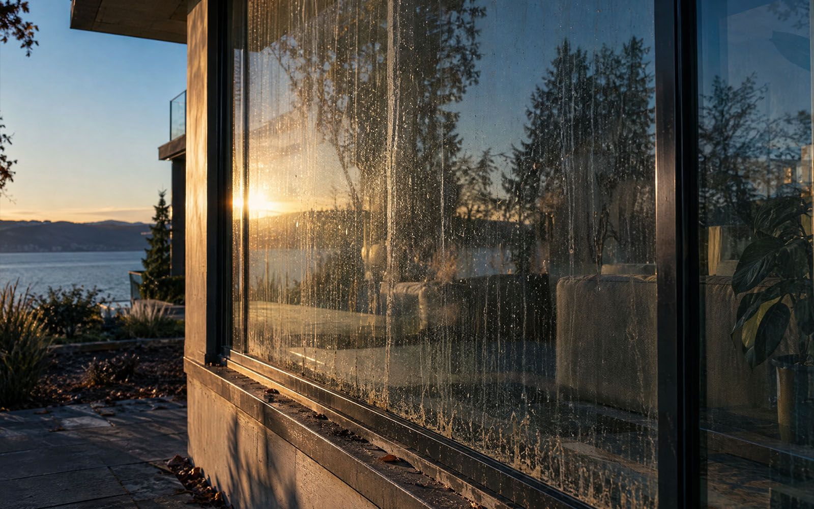 Fensterfront mit Schlieren, Regenrändern und Staub auf den Rahmen