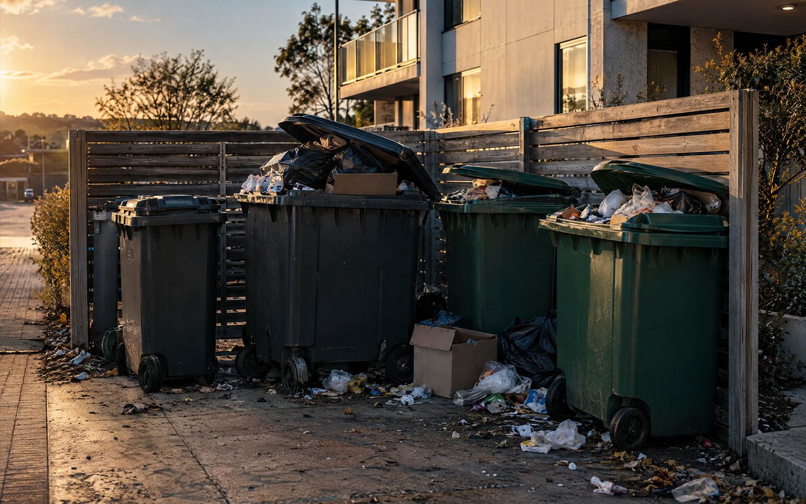 Müllstandplatz mit überfüllten, wahllos stehenden Tonnen