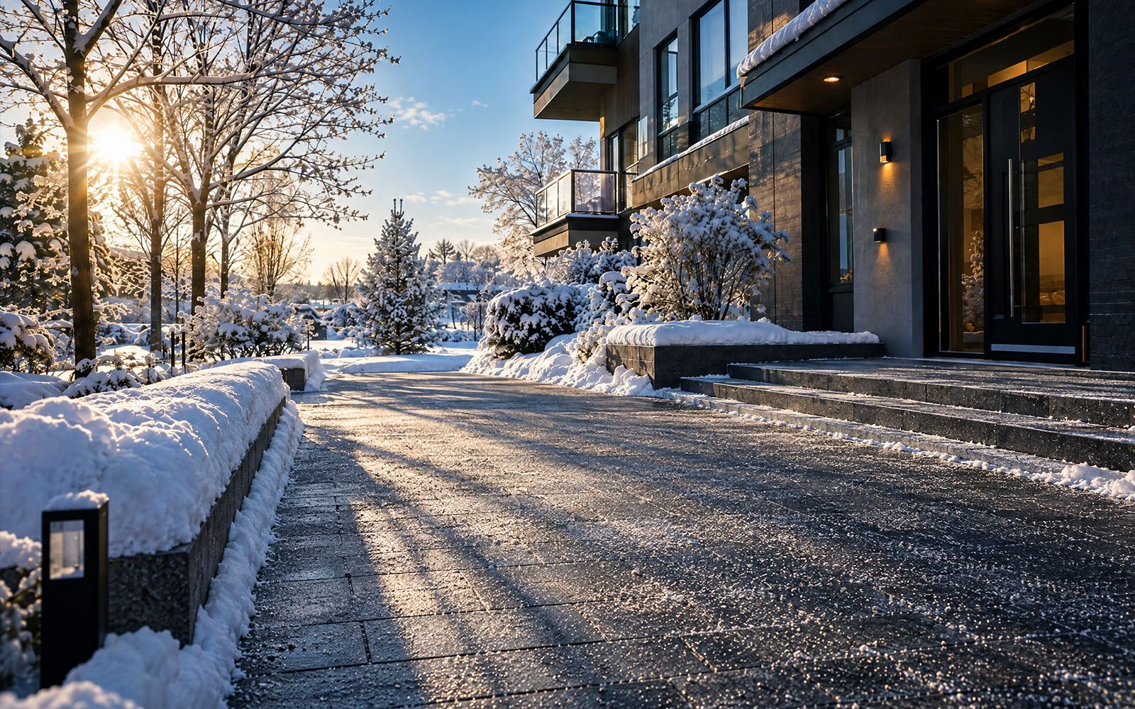 Dieselbe Zufahrt geräumt und gestreut, Schnee als saubere Kante am Rand