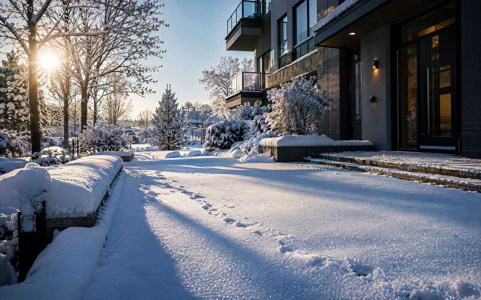 Zugeschneite Zufahrt mit Fußspuren im Schnee